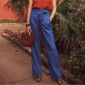 Sezane Arthur Trouser FR 38 US 6 Blue Wide Leg High Waist Belt Tie 100% Cotton